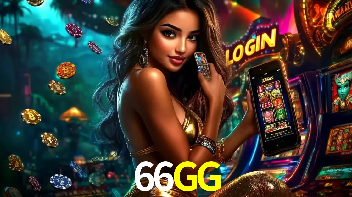 Mulher em um cenário de cassino temático de aventura, mostrando o app de caça-níqueis da 66GG no celular. Fichas de apostas flutuam ao redor.