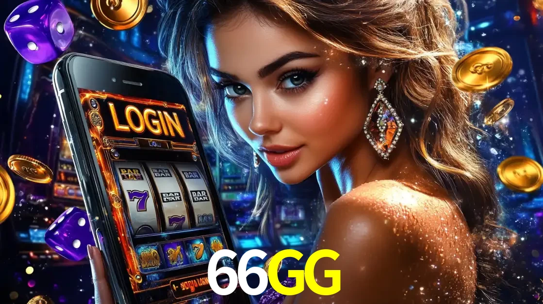 Mulher glamorosa segurando um smartphone com a tela de login para os jogos de caça-níqueis do cassino online 66GG, com moedas de ouro e dados ao redor.