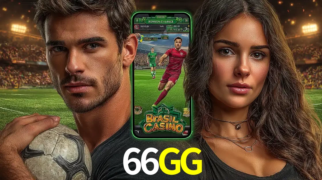 Homem segurando uma bola de futebol e uma mulher ao lado de um smartphone exibindo o jogo de apostas esportivas da 66GG. Faça seu palpite no cassino online.
